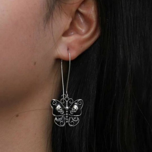Black/Silver Butterfly Skull Dangle Earrings - Picture 1 of 4